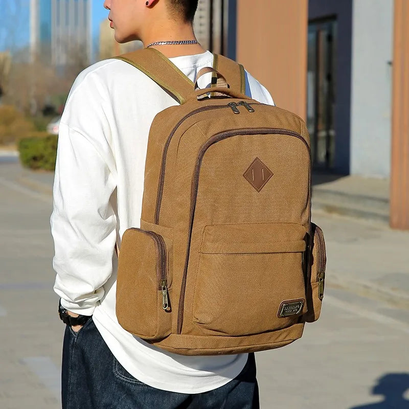Men's Canvas Fashion Backpack Retro Casual Schoolbag Top-handle Multi Pocket And Large Capacity Outdoor Travel Backpack Tote Bag