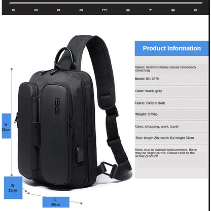 Men's Chest Pack Casual Crossbody Bags Male USB Charging Shoulder Bag Oxford Messenger Bag Waterproof Large Capacity Chest Bag