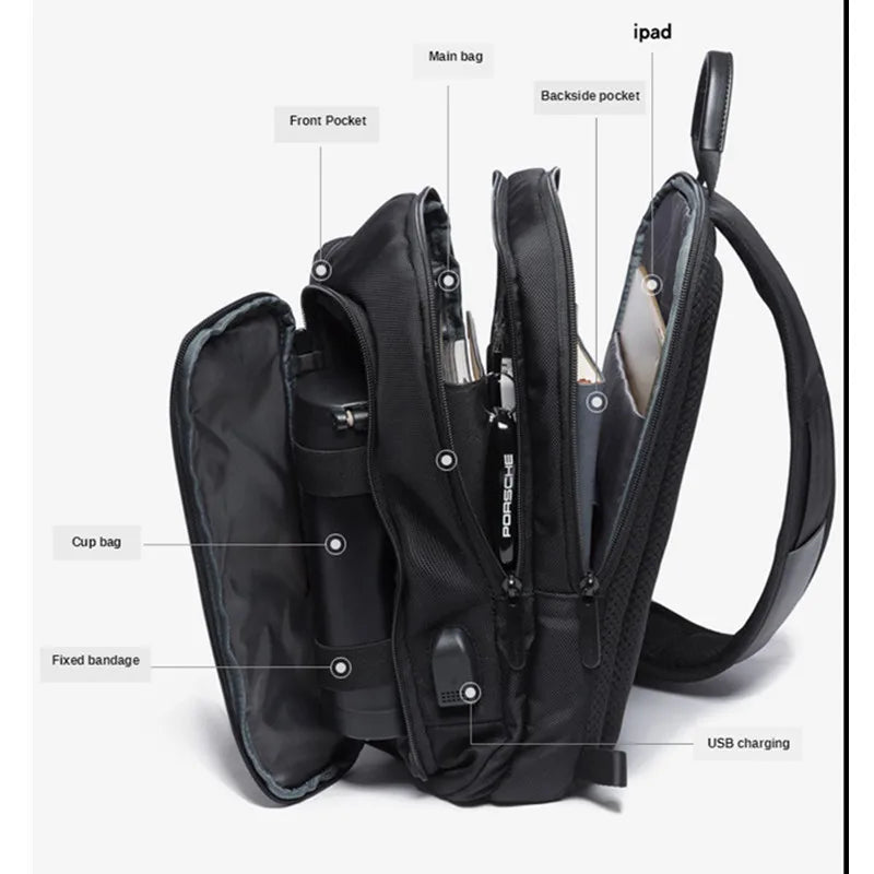 Men's Chest Pack Casual Crossbody Bags Male USB Charging Shoulder Bag Oxford Messenger Bag Waterproof Large Capacity Chest Bag