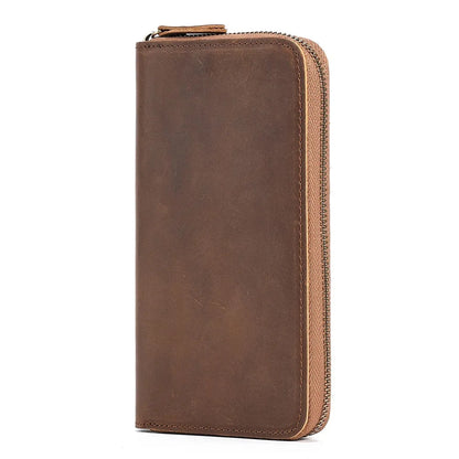 Men's Crazy Horse Leather Long wallet Zip Around genuine leather Aallet Phone Case Purse With Coin 4 Interlayer Pocket