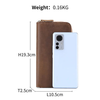 Men's Crazy Horse Leather Long wallet Zip Around genuine leather Aallet Phone Case Purse With Coin 4 Interlayer Pocket