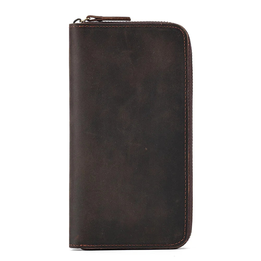 Men's Crazy Horse Leather Long wallet Zip Around genuine leather Aallet Phone Case Purse With Coin 4 Interlayer Pocket