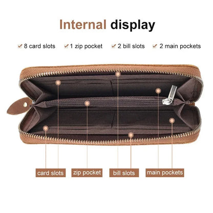 Men's Crazy Horse Leather Long wallet Zip Around genuine leather Aallet Phone Case Purse With Coin 4 Interlayer Pocket