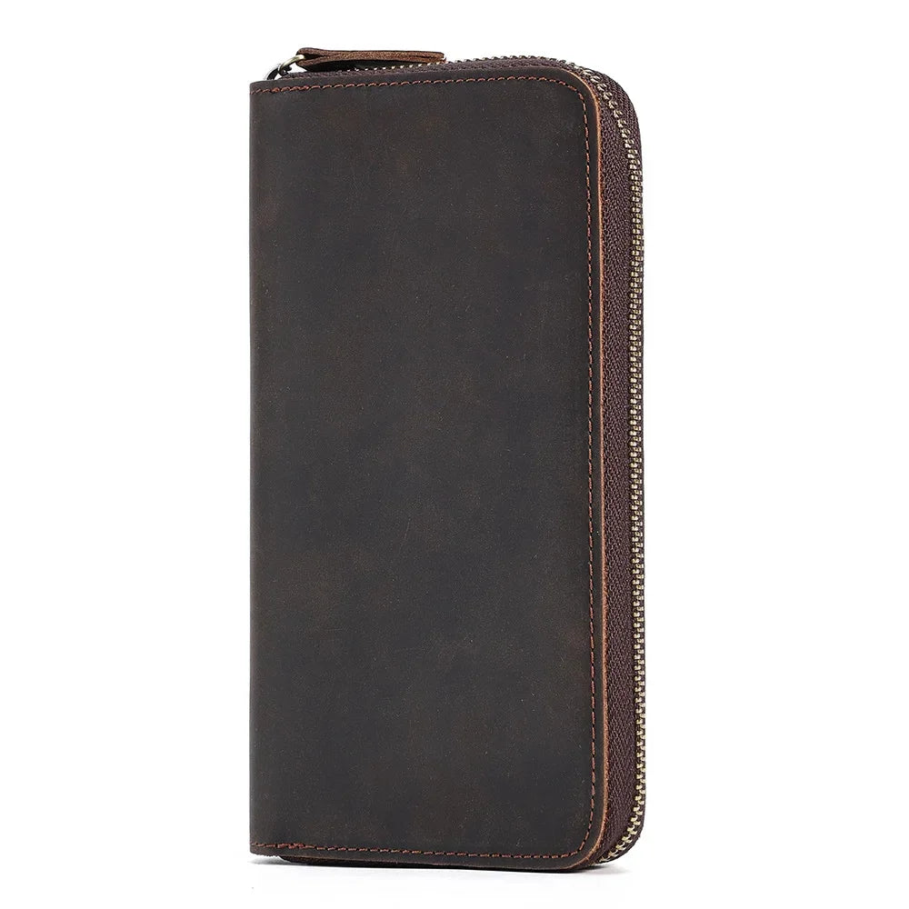 Men's Crazy Horse Leather Long wallet Zip Around genuine leather Aallet Phone Case Purse With Coin 4 Interlayer Pocket