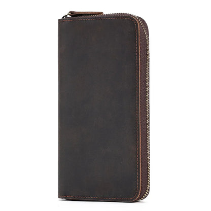Men's Crazy Horse Leather Long wallet Zip Around genuine leather Aallet Phone Case Purse With Coin 4 Interlayer Pocket