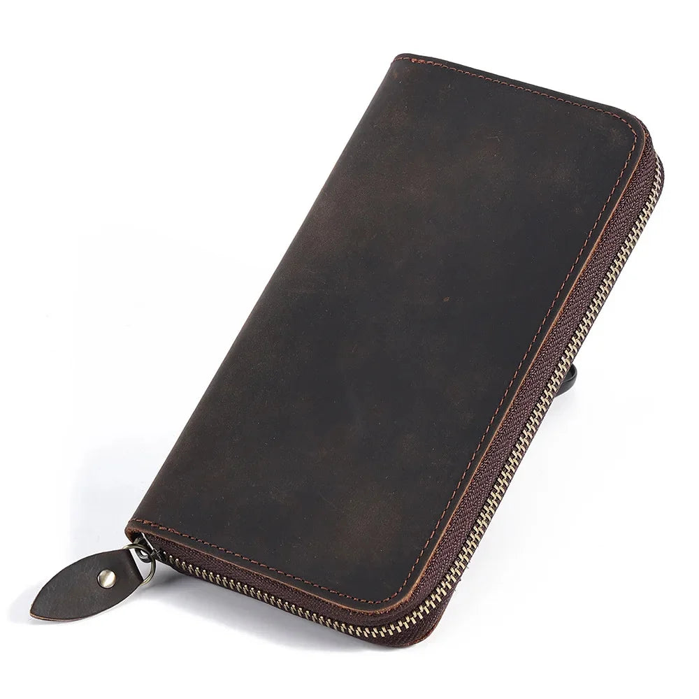 Men's Crazy Horse Leather Long wallet Zip Around genuine leather Aallet Phone Case Purse With Coin 4 Interlayer Pocket