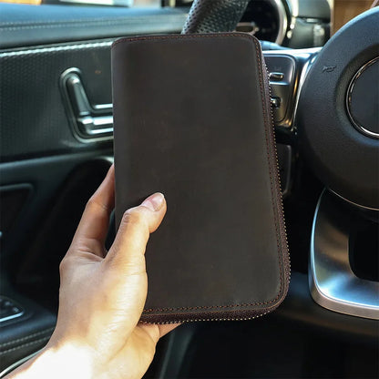 Men's Crazy Horse Leather Long wallet Zip Around genuine leather Aallet Phone Case Purse With Coin 4 Interlayer Pocket