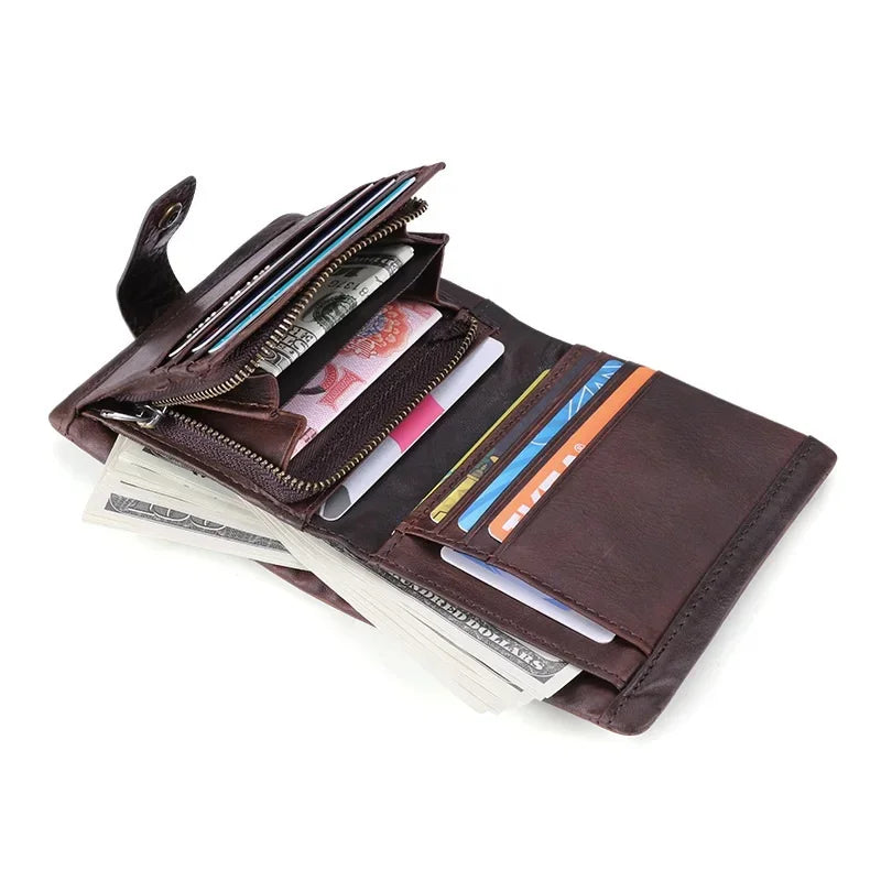 Men's Crazy Horse Skin Short Style Top Quality Cow Genuine Leather Male Purse Vintage Fashion Design Cowhide Wallets