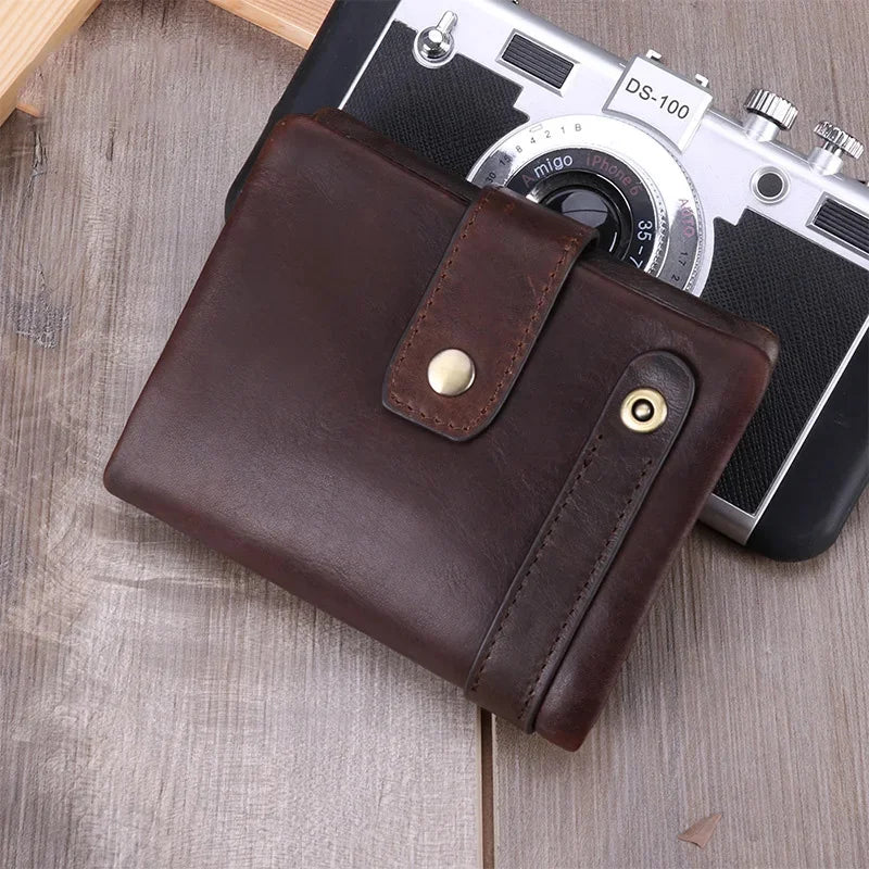 Men's Crazy Horse Skin Short Style Top Quality Cow Genuine Leather Male Purse Vintage Fashion Design Cowhide Wallets