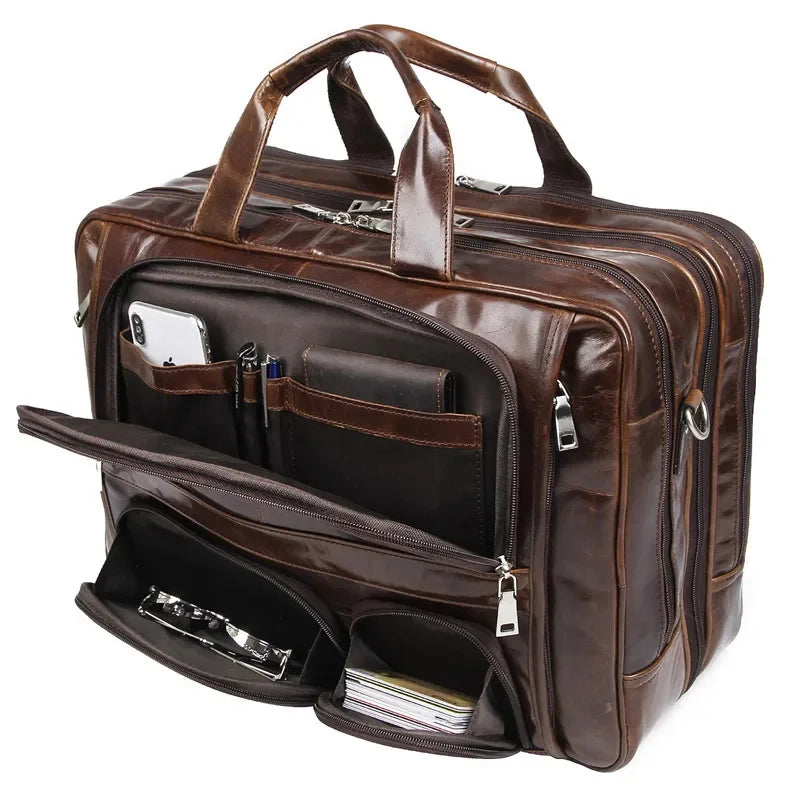 Men's Genuine Leather Briefcase Luxury Men Real Cowhide Handbag Multi-Functional Shoulder Male Large Capacity Travel Bag