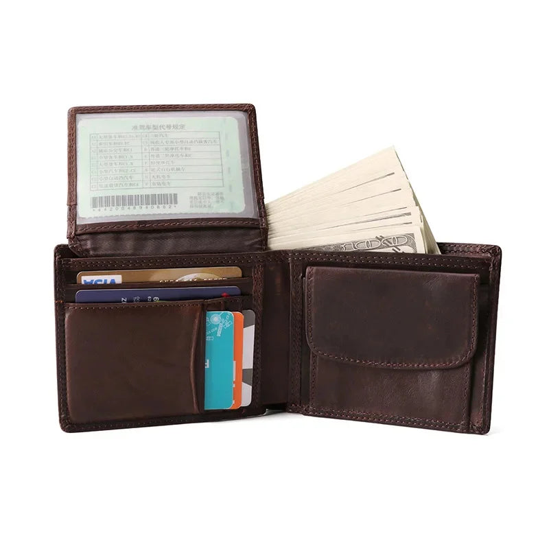 Men's Genuine Leather Crazy Horse Skin Business Retro Horizontal Wallet Male Slim RFID Multi Card Man Purse Fashion