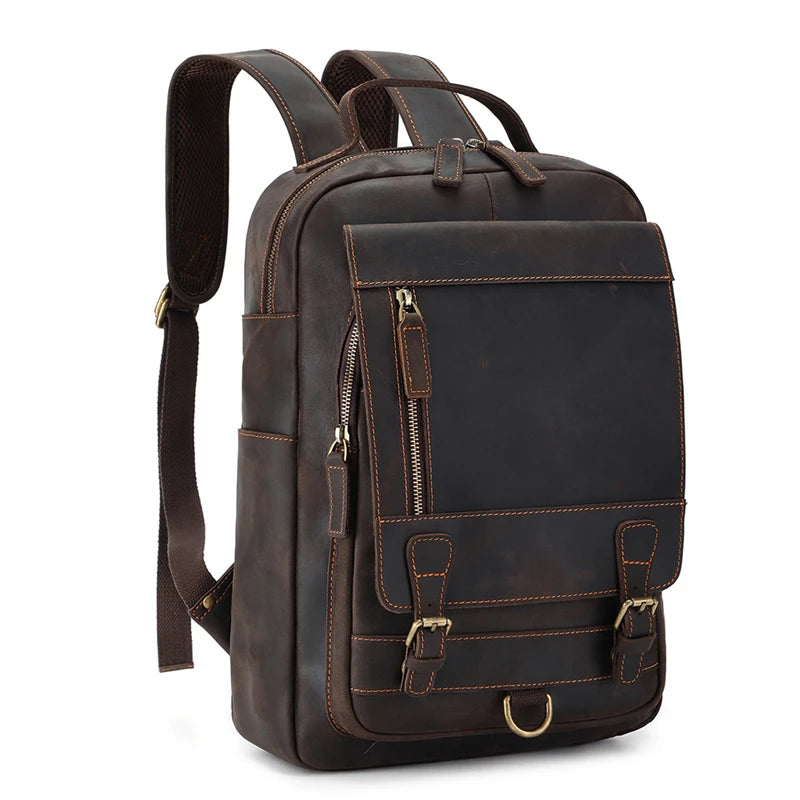 Men's High-end Genuine Crazy Horse Leather Backpack For 14'' Laptop Backpack Leather Waterproof Wear Travel Business Backpack