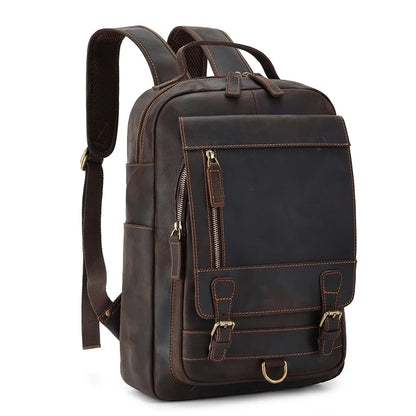 Men's High-end Genuine Crazy Horse Leather Backpack For 14'' Laptop Backpack Leather Waterproof Wear Travel Business Backpack