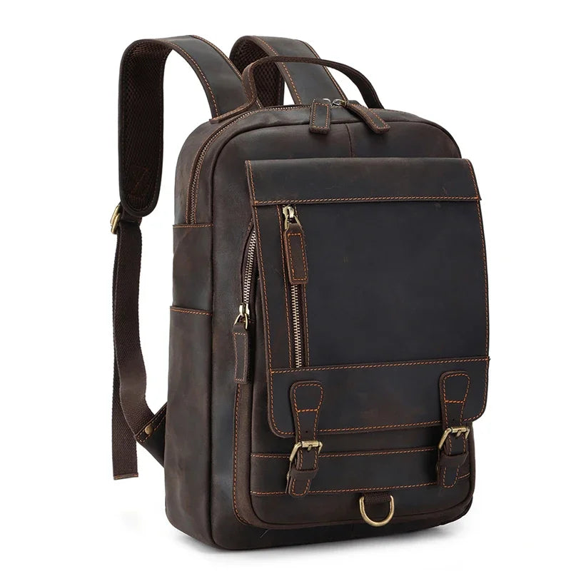 Men's High-end Genuine Crazy Horse Leather Backpack For 14'' Laptop Backpack Leather Waterproof Wear Travel Business Backpack