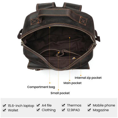 Men's High-end Genuine Crazy Horse Leather Backpack For 14'' Laptop Backpack Leather Waterproof Wear Travel Business Backpack