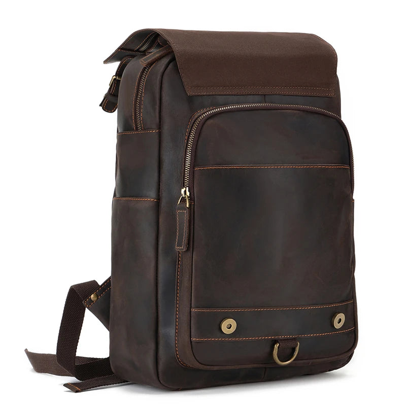 Men's High-end Genuine Crazy Horse Leather Backpack For 14'' Laptop Backpack Leather Waterproof Wear Travel Business Backpack