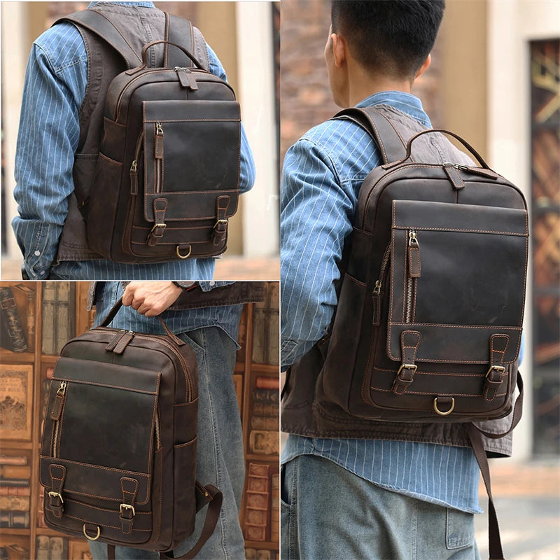 Men's High-end Genuine Crazy Horse Leather Backpack For 14'' Laptop Backpack Leather Waterproof Wear Travel Business Backpack