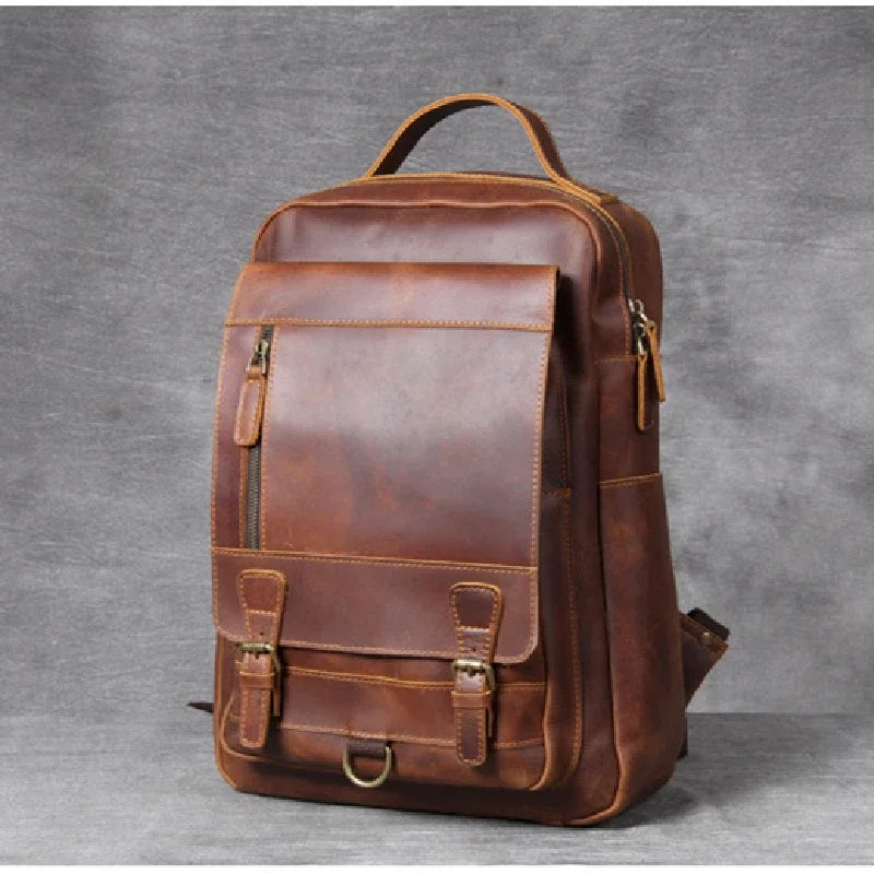 Men's High-end Genuine Crazy Horse Leather Backpack For 14'' Laptop Backpack Leather Waterproof Wear Travel Business Backpack