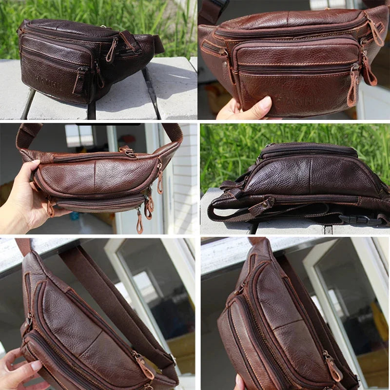 Men's Large Genuine Leather Retro Business Bag Fanny Purse Pack Travel Shoulder Waist Belt Phone Pouch Bags For Male