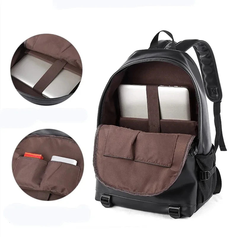 Men's Leather Backpack Teen Black School Bag Boy College School Bag Laptop Backpack School Wind Leisure Bag