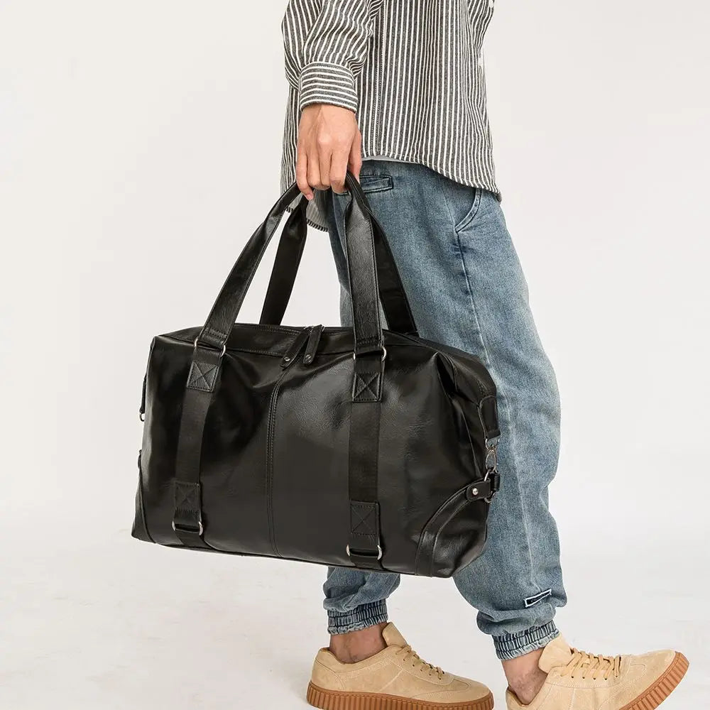 Men's Pu Leather Multifunctional Waterproof Handbags Korean Fashion Casual Cross-body Travel Large Capacity Duffle Bags for Men