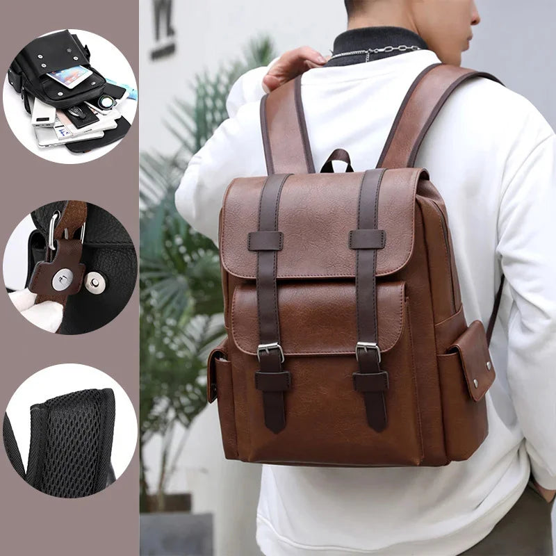 Men's Retro Leather Backpack Laptop School Male Business Shoulder Bag Multi-function Large Capacity Men bag Waterproof