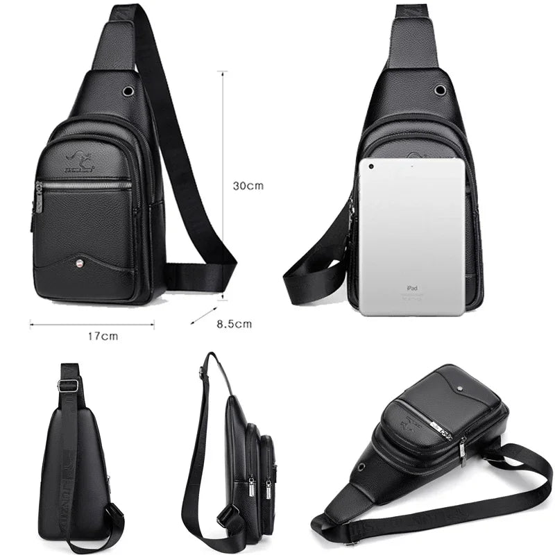 Men's USB Casual PU Leather Leisure Business Shoulder Crossbody Travel Sling Messenger Pack Chest Waist Hanging Bag For Male