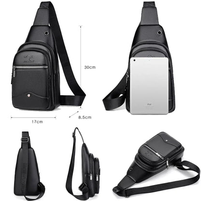 Men's USB Casual PU Leather Leisure Business Shoulder Crossbody Travel Sling Messenger Pack Chest Waist Hanging Bag For Male