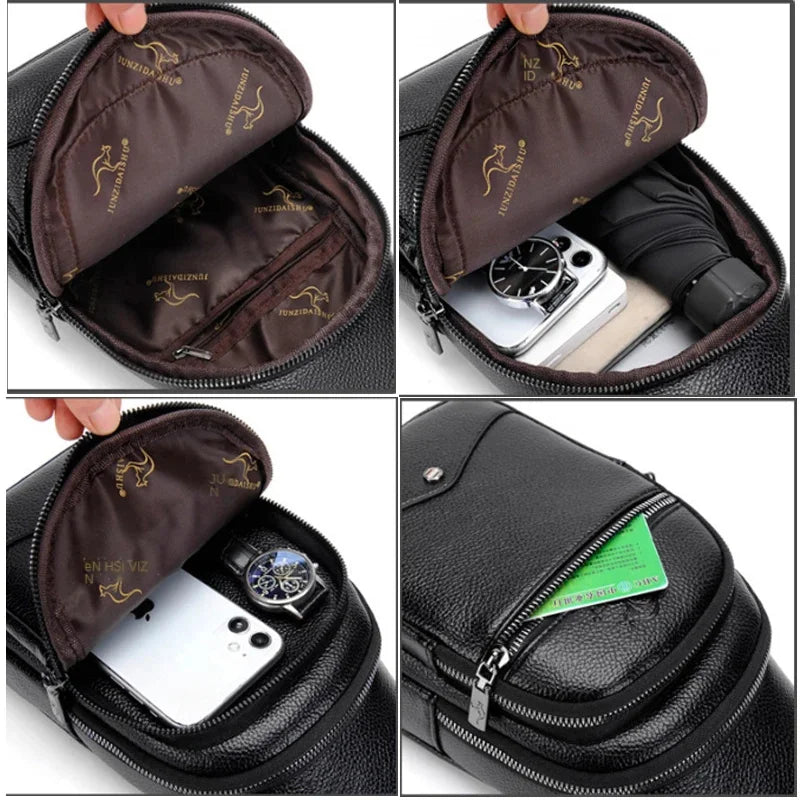 Men's USB Casual PU Leather Leisure Business Shoulder Crossbody Travel Sling Messenger Pack Chest Waist Hanging Bag For Male