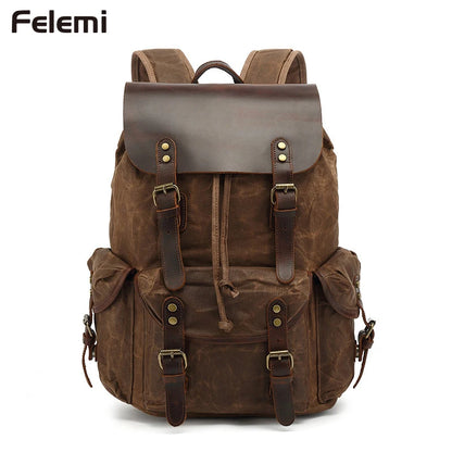 Men's Vintage Canvas Backpacks Waterproof Large Capacity Travel Bag Students Backpacks Leather Laptop Drawstring School Bag