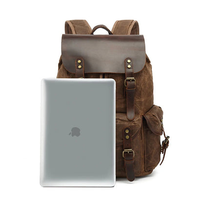 Men's Vintage Canvas Backpacks Waterproof Large Capacity Travel Bag Students Backpacks Leather Laptop Drawstring School Bag