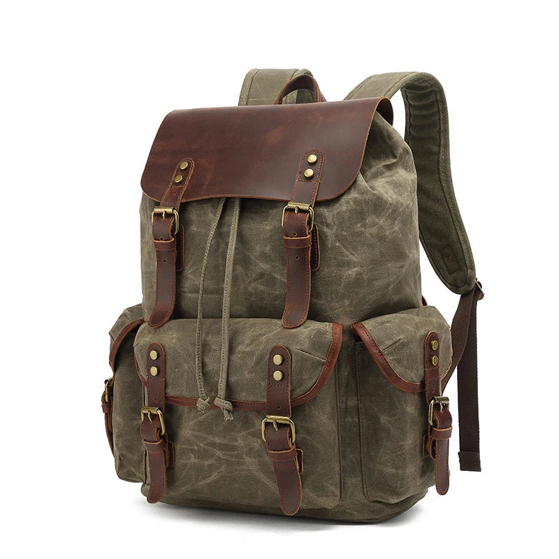 Men's Vintage Canvas Backpacks Waterproof Large Capacity Travel Bag Students Backpacks Leather Laptop Drawstring School Bag