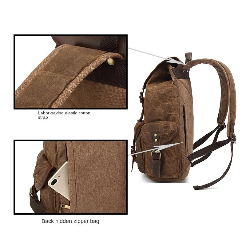 Men's Vintage Canvas Backpacks Waterproof Large Capacity Travel Bag Students Backpacks Leather Laptop Drawstring School Bag