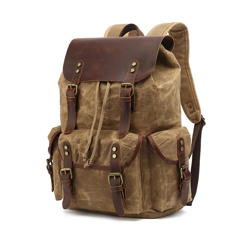 Men's Vintage Canvas Backpacks Waterproof Large Capacity Travel Bag Students Backpacks Leather Laptop Drawstring School Bag