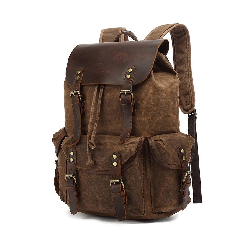 Men's Vintage Canvas Backpacks Waterproof Large Capacity Travel Bag Students Backpacks Leather Laptop Drawstring School Bag
