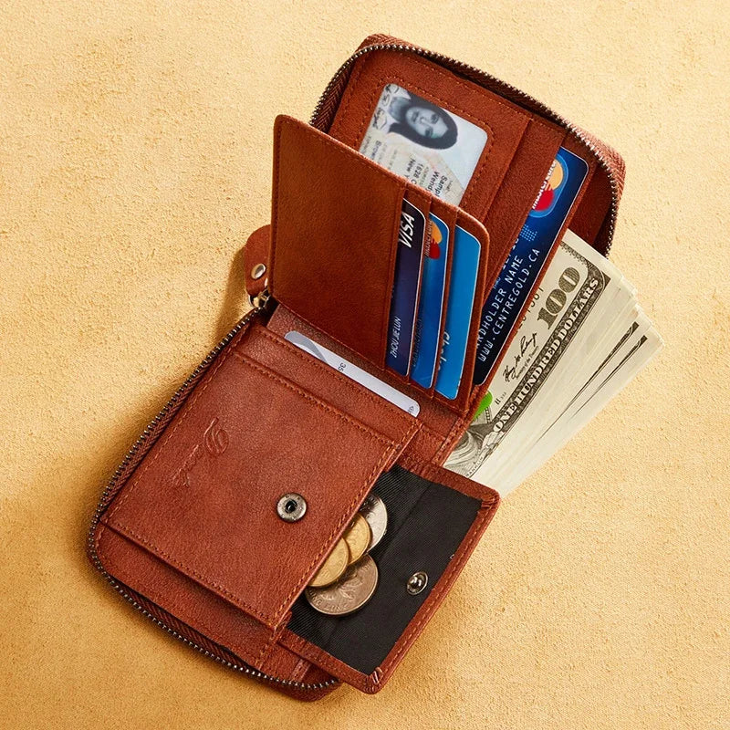 Men's Wallet Genuine Leather for Men Pocket Short Male Card Holder Wallets Zipper Around Money Coin Purse