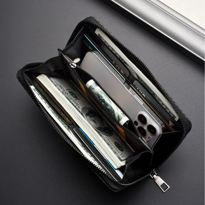Men's Wallet Long Business Clutch Zipper Wallet Portable Mobile Phone Bag Security Anti-theft Card Bag Banknote Clip Coin Purse