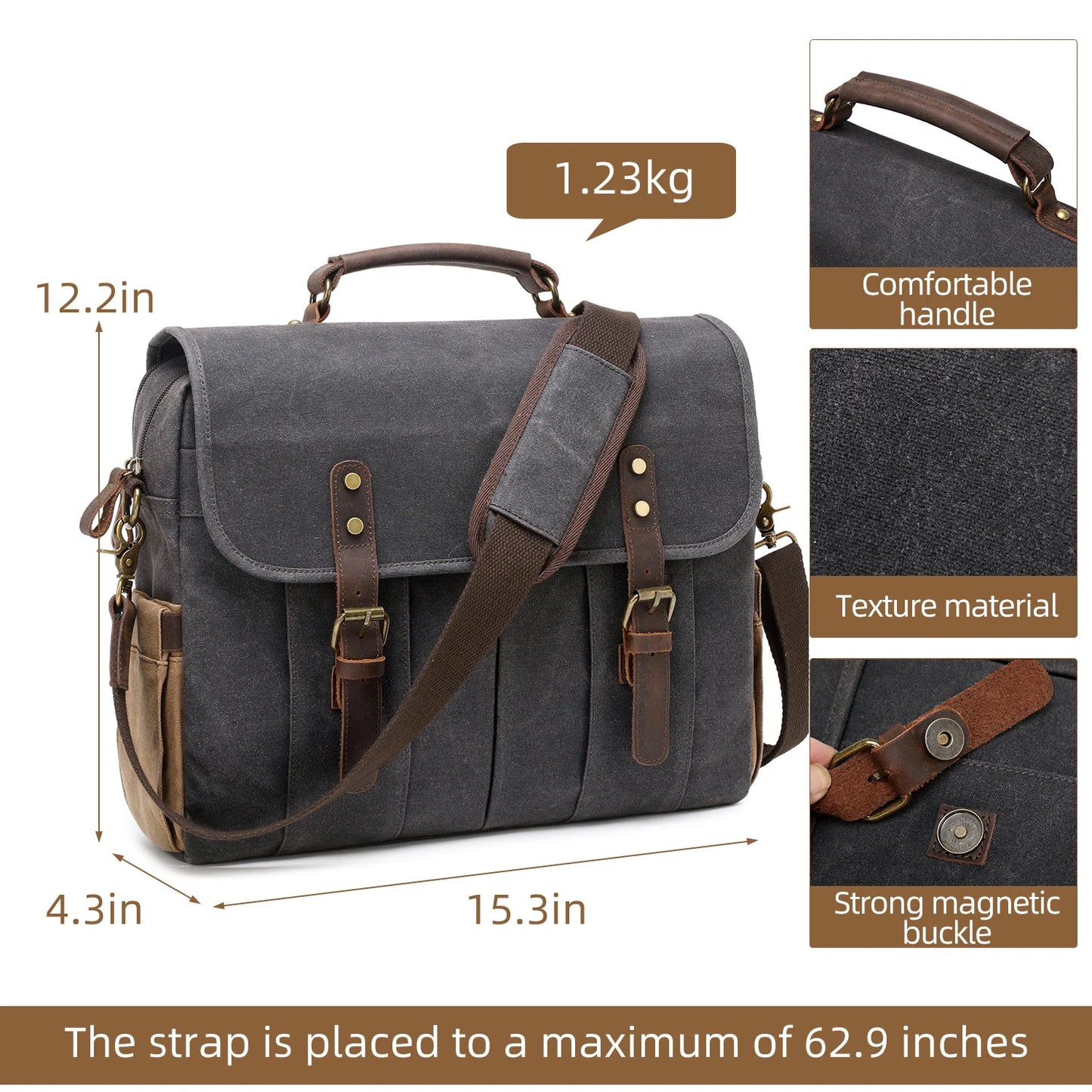 Mens Messenger Bag 15.6 Inch Waterproof Vintage Genuine Leather Waxed Canvas Briefcase Large Leather Computer Laptop Bag Rugged