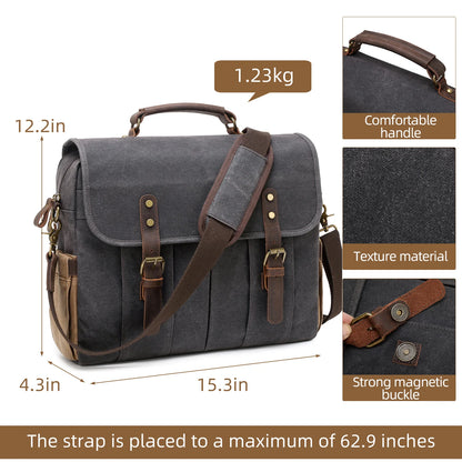 Mens Messenger Bag 15.6 Inch Waterproof Vintage Genuine Leather Waxed Canvas Briefcase Large Leather Computer Laptop Bag Rugged