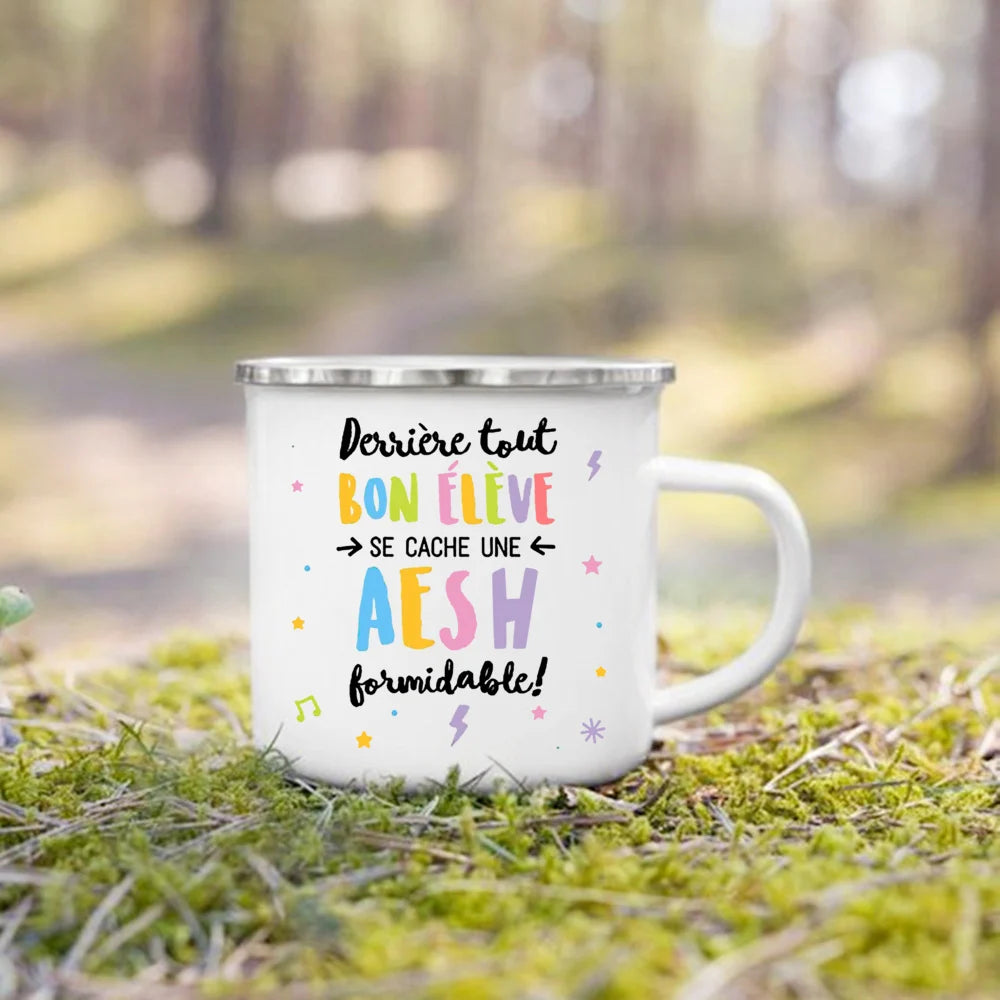 Merci AESH Printed Mugs Creative Coffee Tea Cups Drinks Water Milk Cup Enamel Mug School Home Handle Drinkware Gifts for AESH