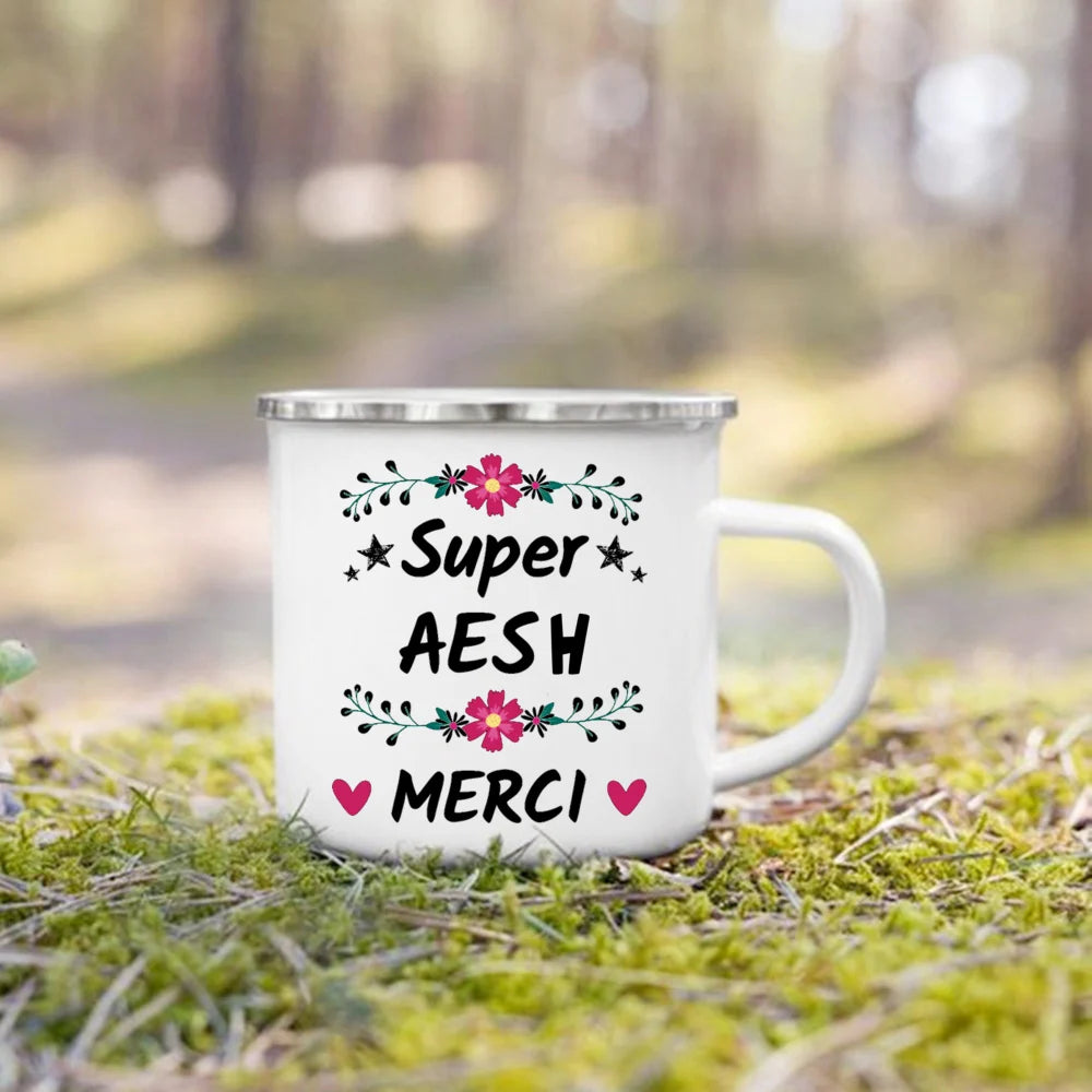 Merci AESH Printed Mugs Creative Coffee Tea Cups Drinks Water Milk Cup Enamel Mug School Home Handle Drinkware Gifts for AESH