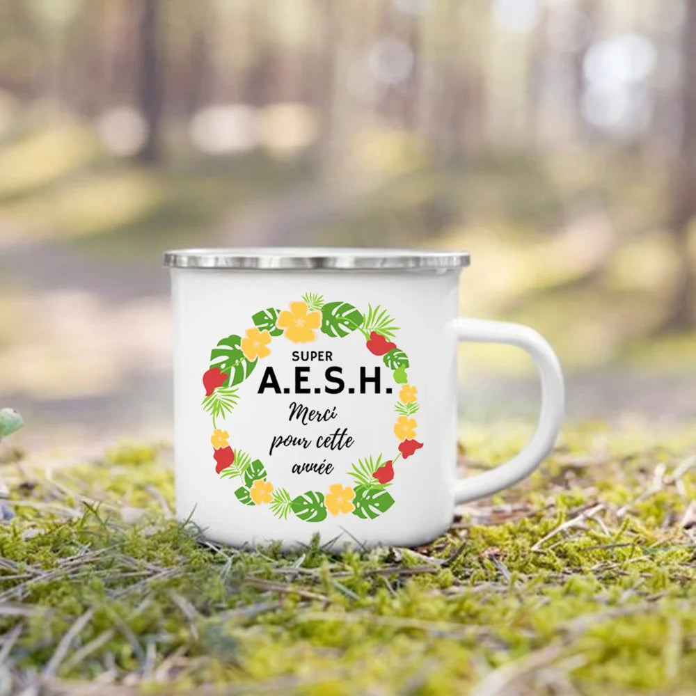 Merci AESH Printed Mugs Creative Coffee Tea Cups Drinks Water Milk Cup Enamel Mug School Home Handle Drinkware Gifts for AESH