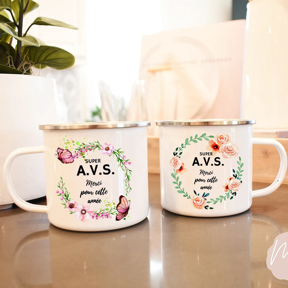 Merci AVS Flower Print Mugs Creative Coffee Tea Cups Enamel Mug School Home Retro Handle Drinkware Drinks Water Cup Gift For AVS