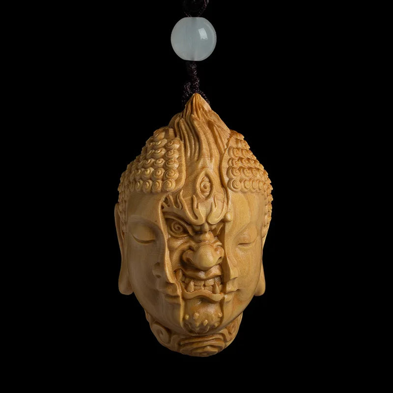 Mesmerizing Wooden Duo Set, Intricately Carved Buddha Statue, Fortuitous Mascot Pendant, Timeless Craft for Home