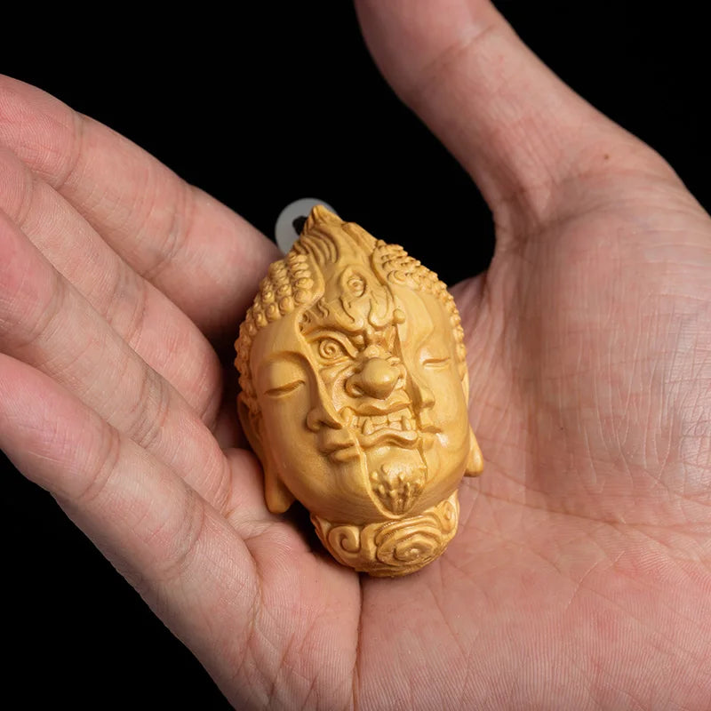Mesmerizing Wooden Duo Set, Intricately Carved Buddha Statue, Fortuitous Mascot Pendant, Timeless Craft for Home