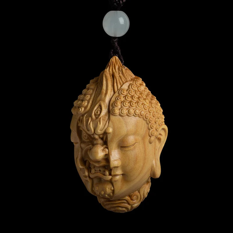 Mesmerizing Wooden Duo Set, Intricately Carved Buddha Statue, Fortuitous Mascot Pendant, Timeless Craft for Home