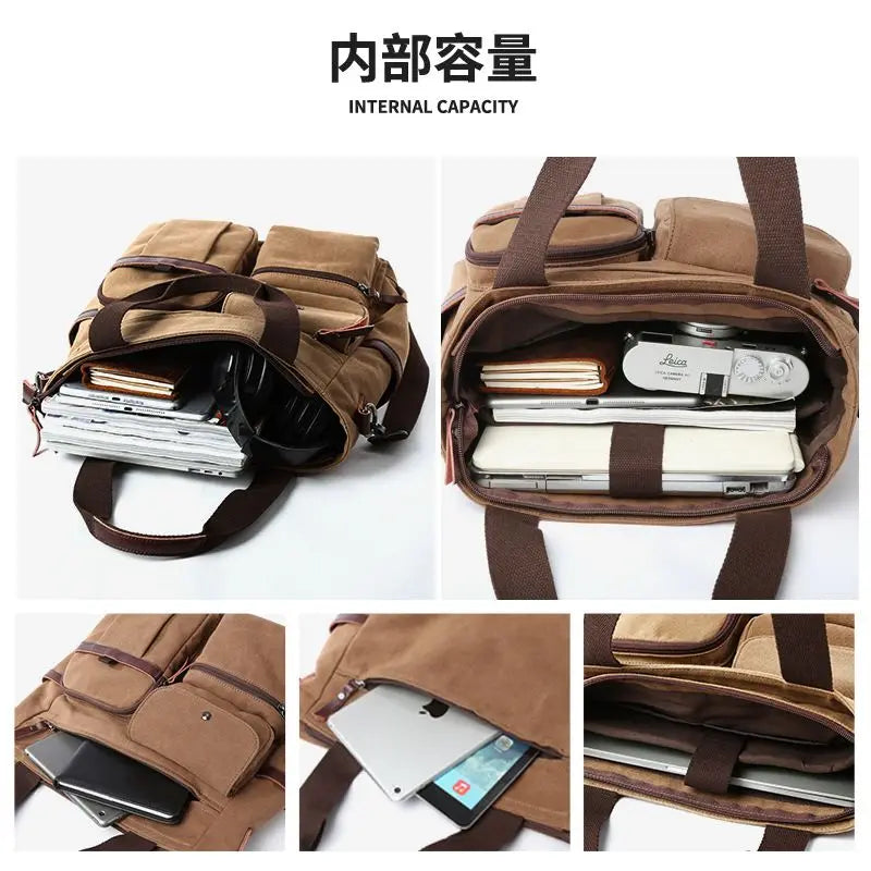 Messenger Bag For Men Vintage Water Resistant Waxed Canvas Laptop Briefcase Padded Shoulder Bag For Men Women