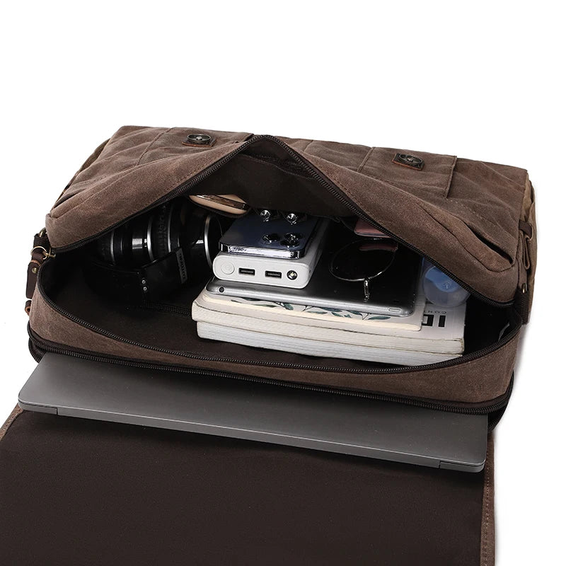 Messenger Bag for Men 15.6 Inch Waterproof Vintage Genuine Leather Waxed Canvas Briefcase Large Leather Computer Laptop Bag