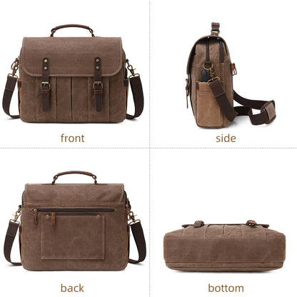 Messenger Bag for Men 15.6 Inch Waterproof Vintage Genuine Leather Waxed Canvas Briefcase Large Leather Computer Laptop Bag