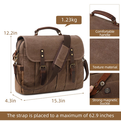 Messenger Bag for Men 15.6 Inch Waterproof Vintage Genuine Leather Waxed Canvas Briefcase Large Leather Computer Laptop Bag